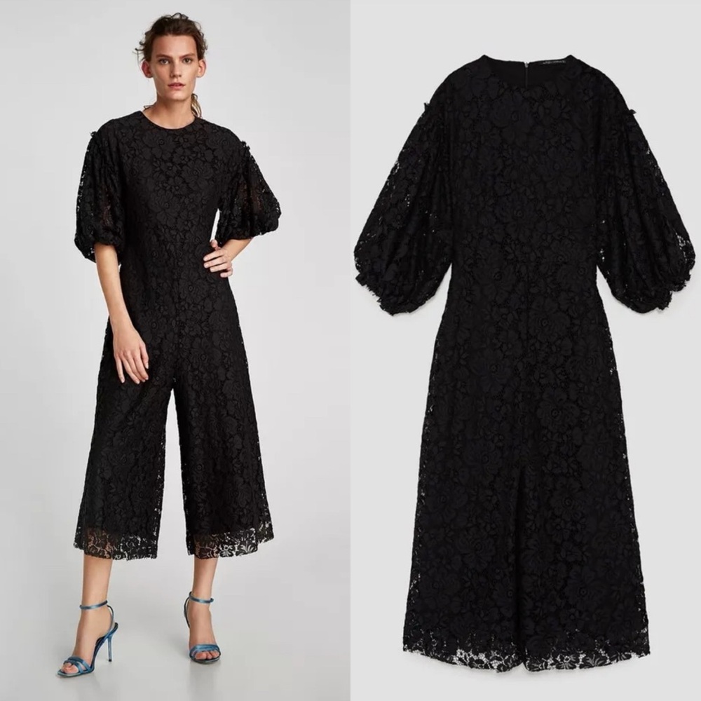 Zara Lace Black Eyelet Puff Sleeve Jumpsuit